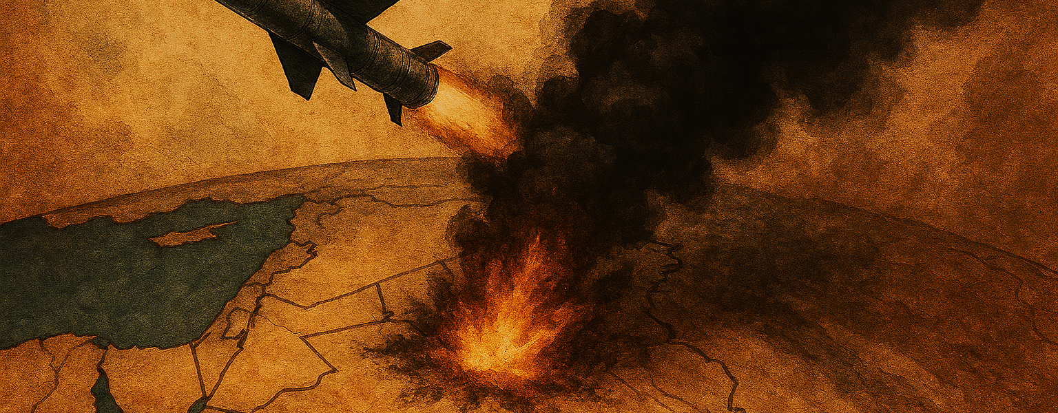 Im Fordergrund fliegende Rakete, im Hintergrund eine Explosien